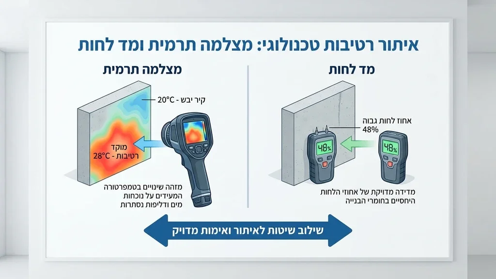 נוצר על ידי מודל בינה מלאכותית Gemini Pro תצוגת מסך של מצלמה תרמית המאתרת רטיבות סמויה בקיר