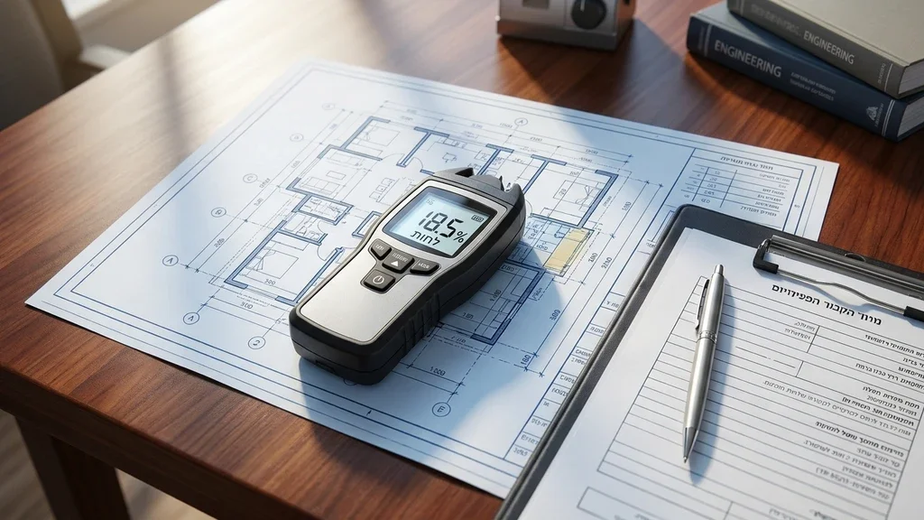 נוצר על ידי מודל בינה מלאכותית Gemini Pro ציוד הנדסי לבדיקת רטיבות מונח על תוכניות בנייה של דירה