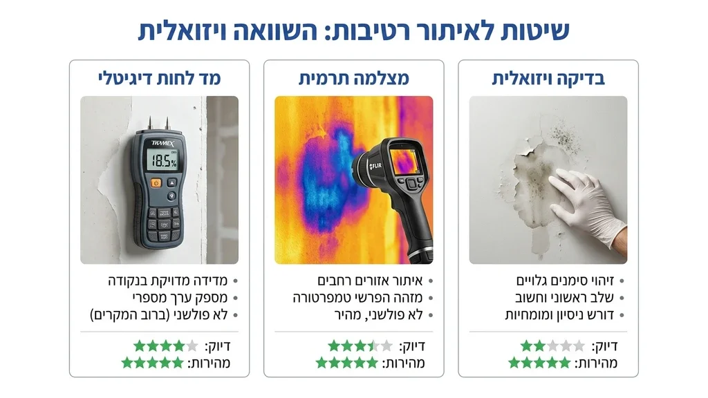 מד לחות דיגיטלי מקצועי המונח על קיר עם סימני רטיבות קלים