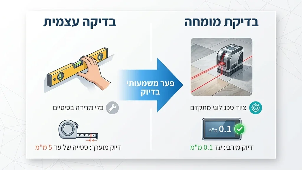 נוצר על ידי מודל בינה מלאכותית Gemini Pro ציוד הנדסי מתקדם הכולל פלס לייזר המונח על ריצוף חדש במהלך בדיקת איכות בנייה